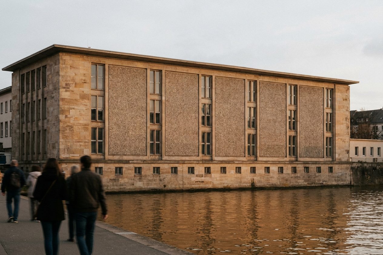 Detail einer nüchternen 1950er-Jahre-Fassade mit Waschbetonplatten und schmalen Fenstern