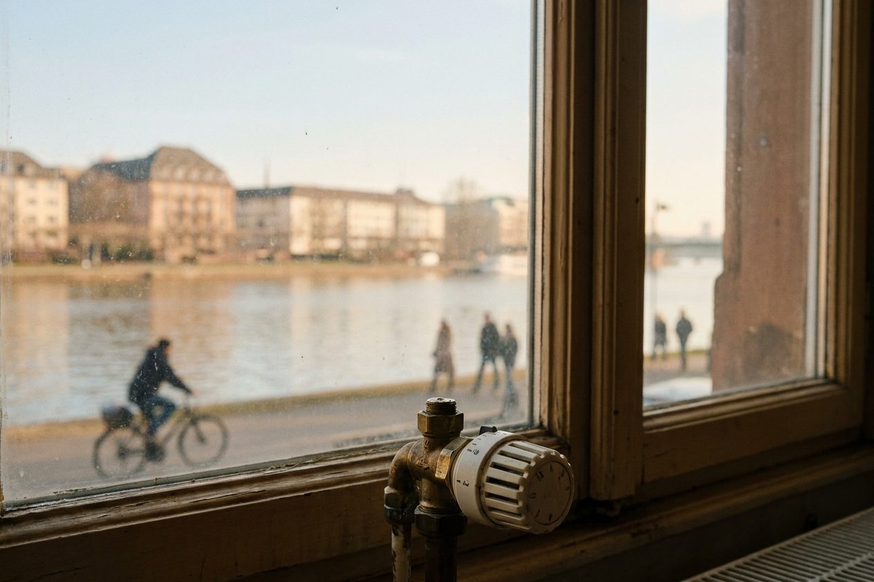 Heizkörperthermostat in Nahaufnahme vor einem Altbaufenster, warmes Seitenlicht.