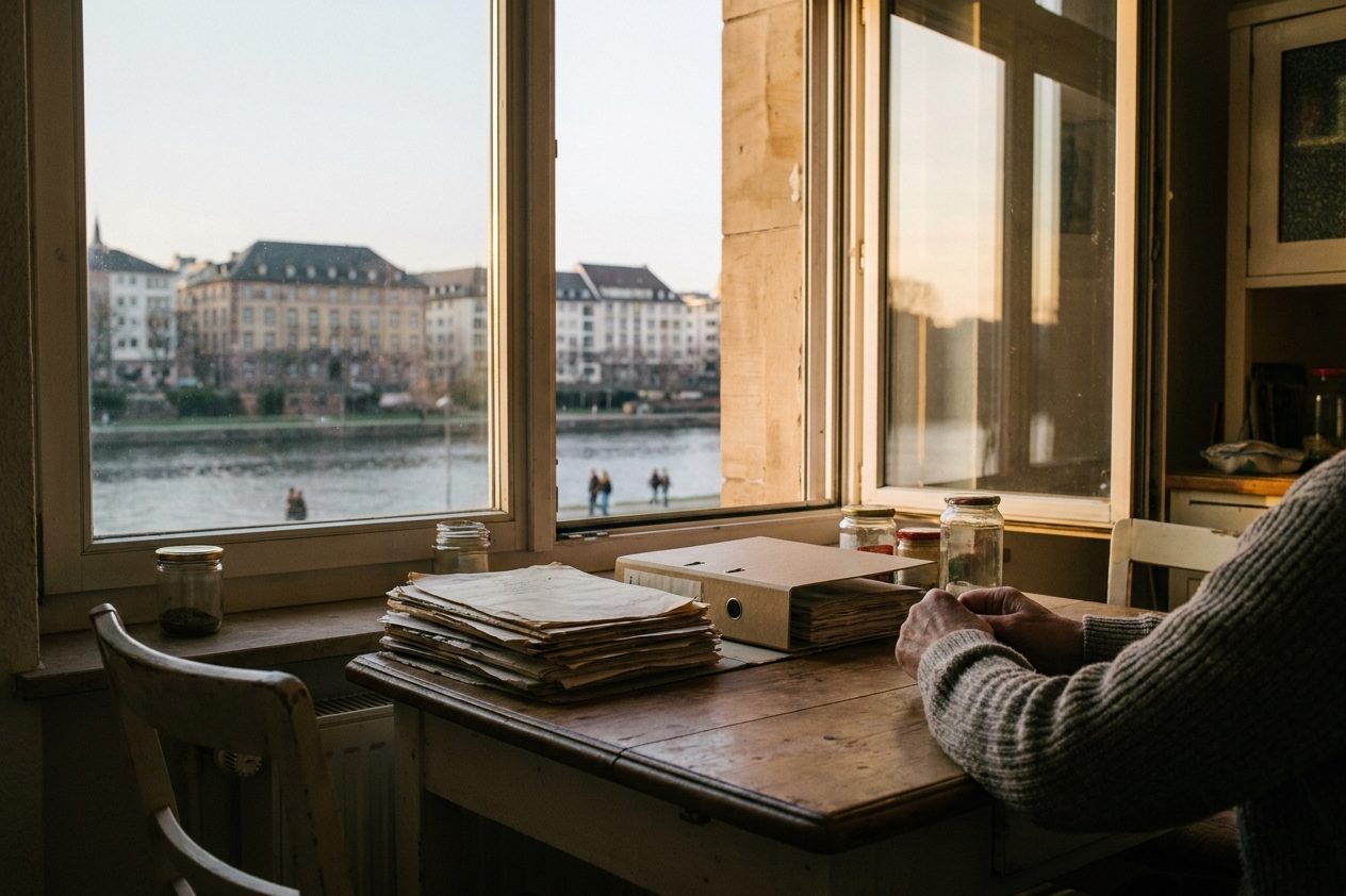 Hände sortieren am Küchentisch Unterlagen in einen Ordner, Abendlicht fällt durchs Fenster, kein Gesicht im Bild.