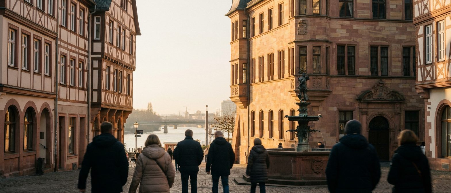 Blick über den Hühnermarkt mit Stoltze-Brunnen und rekonstruierten Fassaden der Neuen Altstadt in tiefer Nachmittagssonne.
