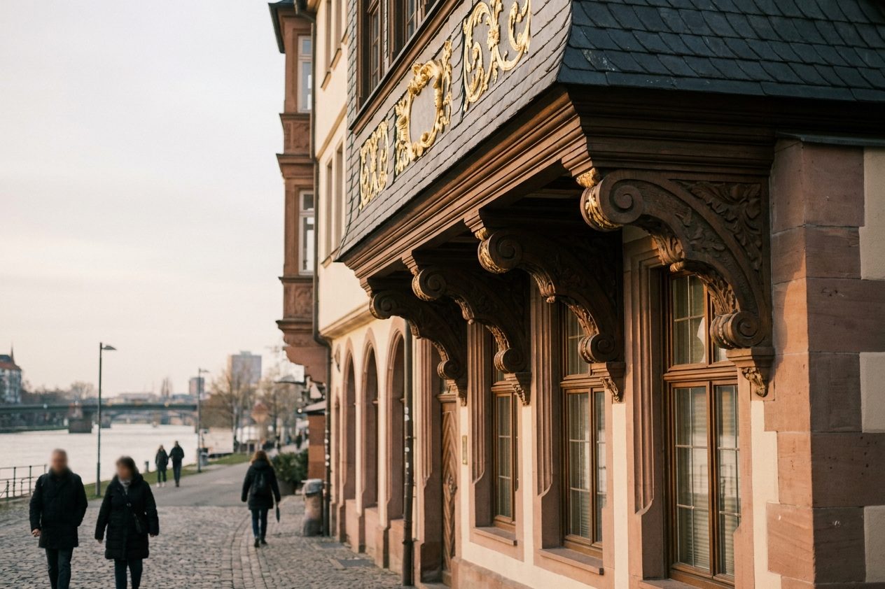 Handwerkliche Details am Haus zur Goldenen Waage: geschnitzte Konsolen und vergoldete Zier unter einem Schieferdach.