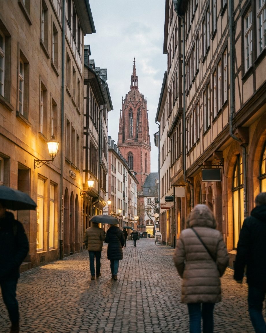 Enge Gassenflucht des neuen Krönungswegs, am Ende ragt der rote Domturm auf.