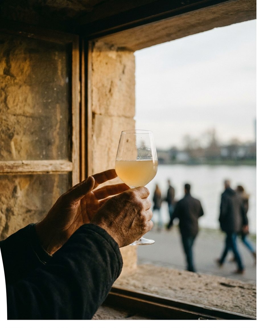 Zwei Hände halten ein Stielglas mit naturtrübem Apfelwein gegen das Licht eines Kellerfensters.