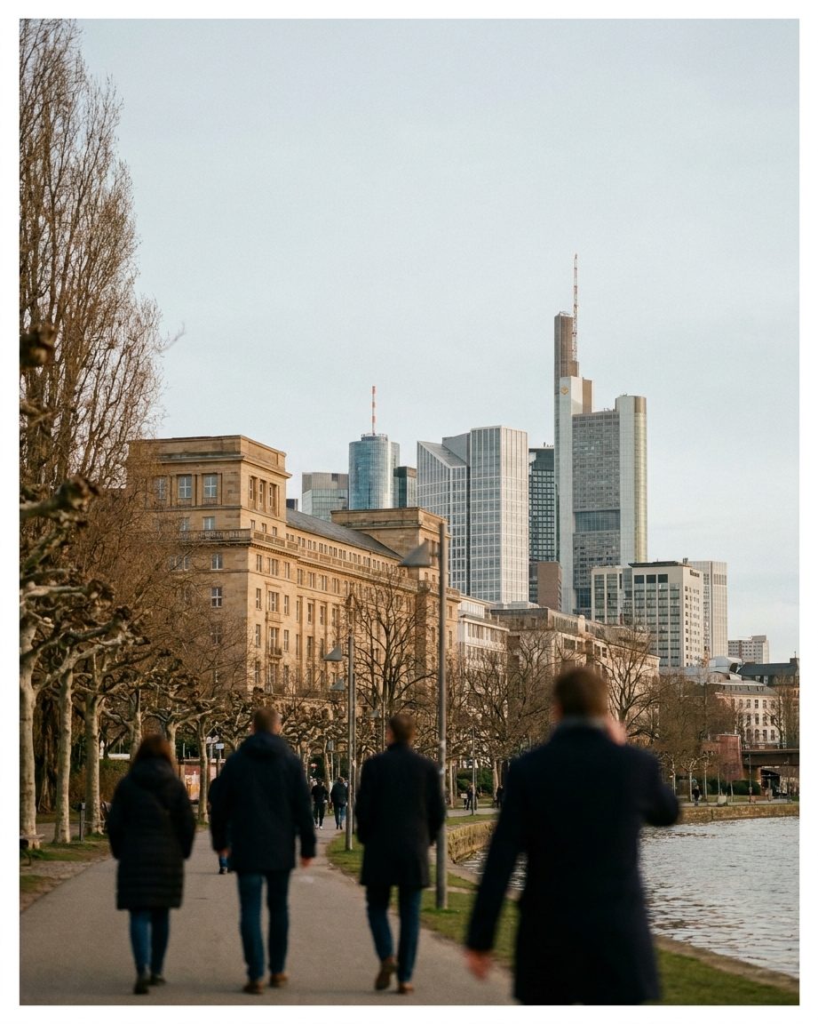 Hochformatiger Blick entlang der grünen Wallanlagen in Richtung Neue Mainzer Straße mit Hochhauskulisse.