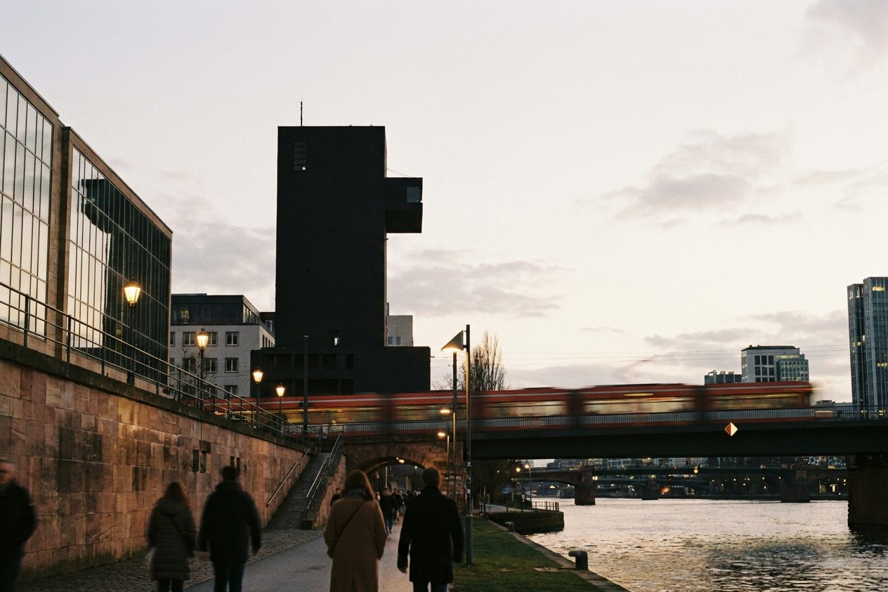 Die Silhouette des Bühnenturms in der Dämmerung, davor die Leuchtspur einer vorbeifahrenden Straßenbahn.