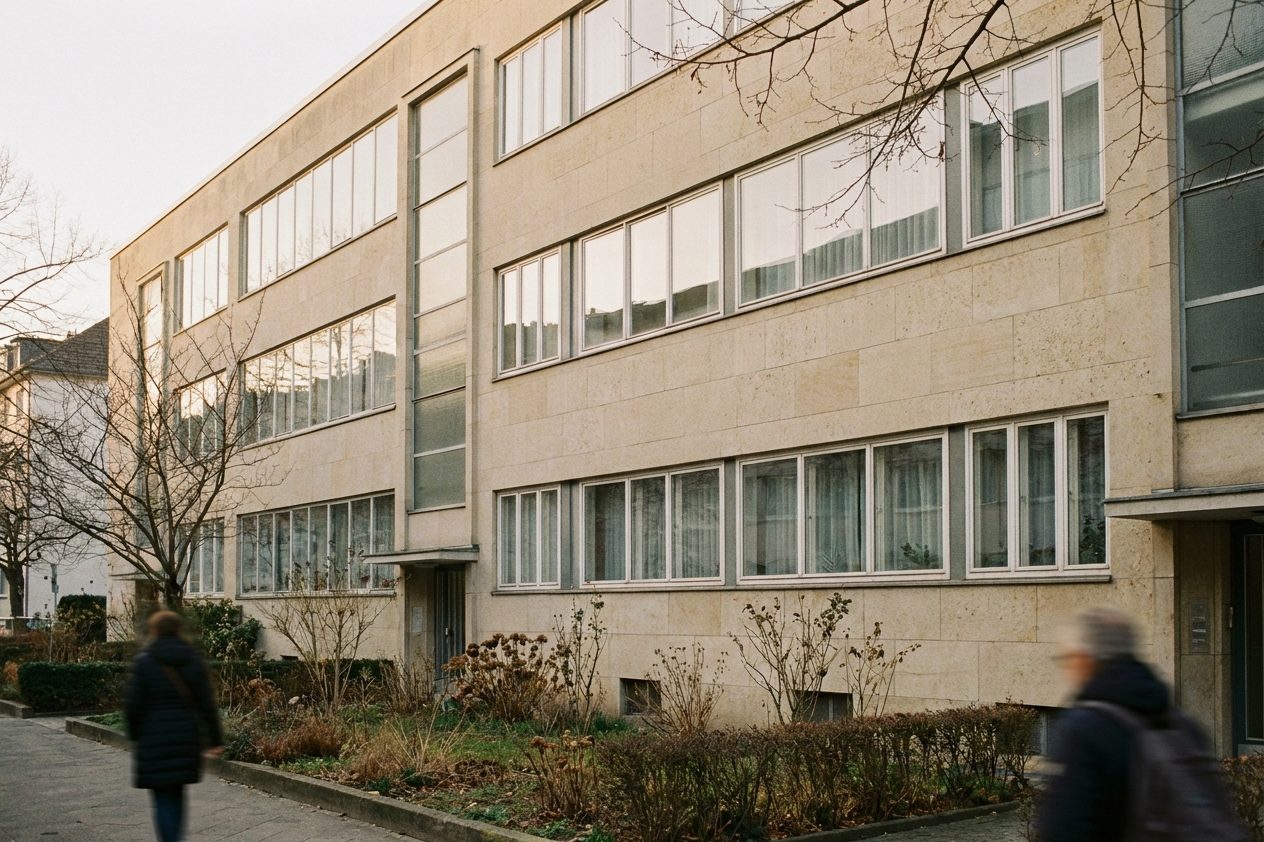 Schlichte helle Wohnhausfassade mit horizontalen Fensterbändern und Vorgärten