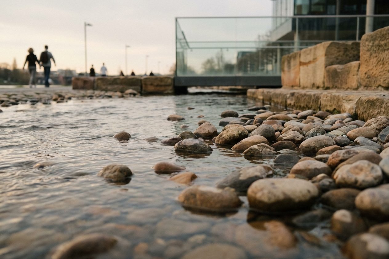 Nahaufnahme von Kieselsteinen und flachem, klarem Wasser an einer neu gestalteten Uferzone