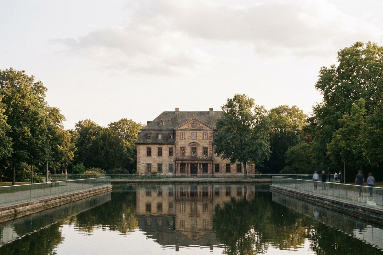 Das Holzhausenschlösschen mit seinem Wassergraben im Sommerlicht, die barocke Fassade spiegelt sich auf der ruhigen Wasserfläche.