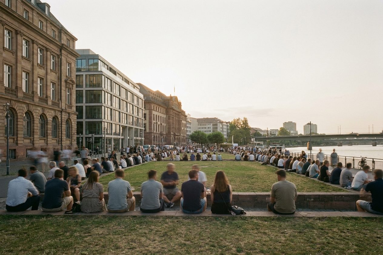 Menschen sitzen am Sommerabend dicht an dicht auf den Rasenkanten des Friedberger Platzes, von hinten fotografiert.