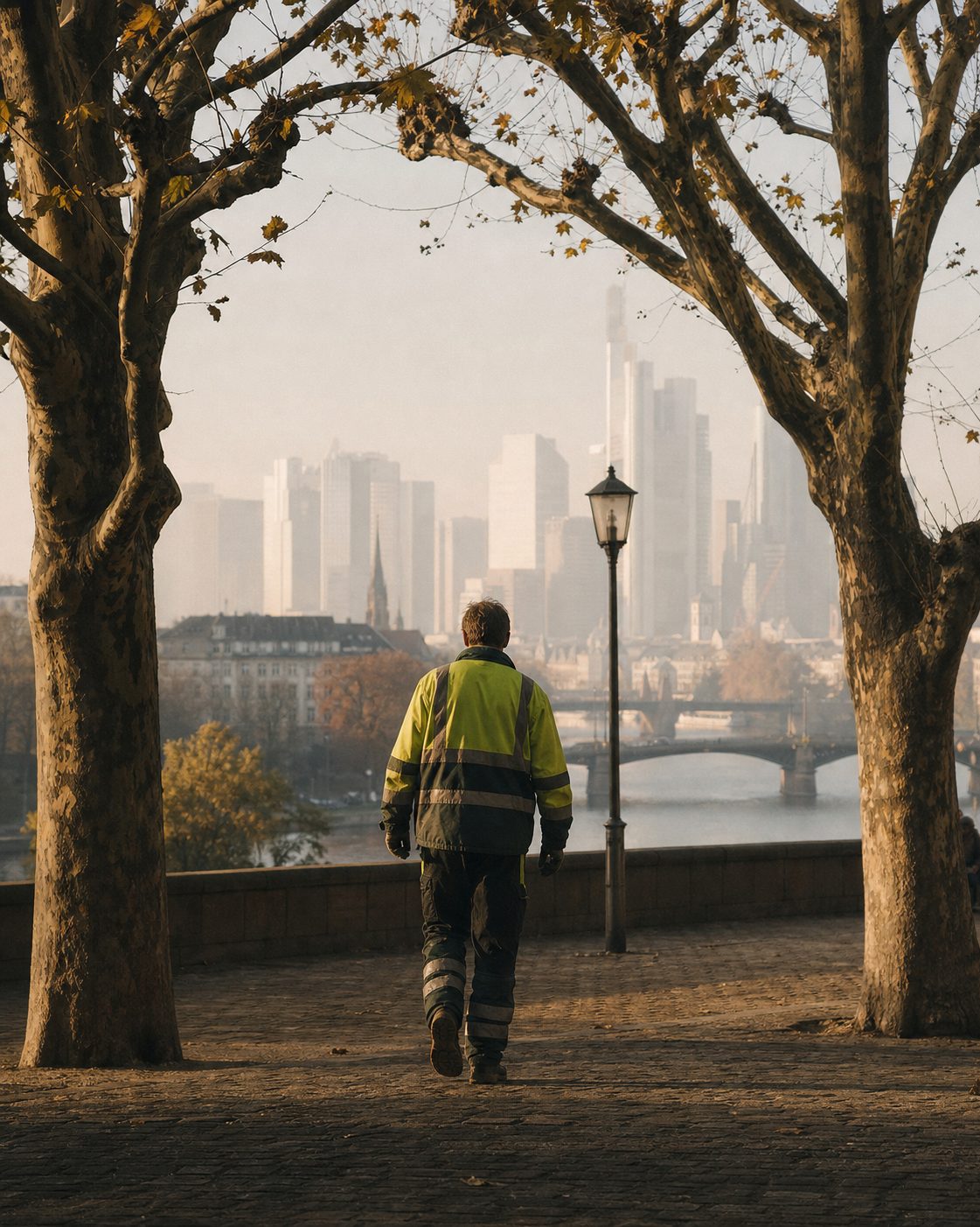 Eine Person in Arbeitsjacke geht zwischen Baumreihen den Hang hinunter, Blick ins Dunstlicht des Morgens.