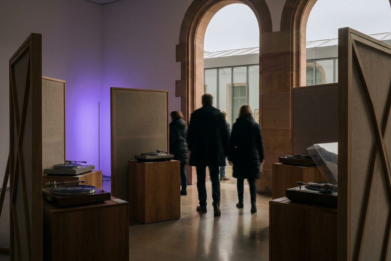Abgedunkelter Ausstellungsraum mit violetter Lichtinstallation, Plattenspielern und Schallwänden.