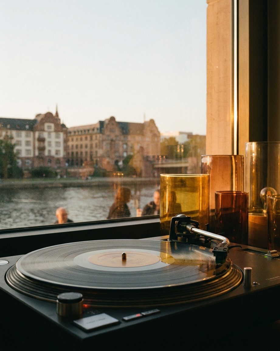 Nahaufnahme einer Vinylplatte auf einem Plattenteller im farbigen Gegenlicht, hochkant fotografiert.