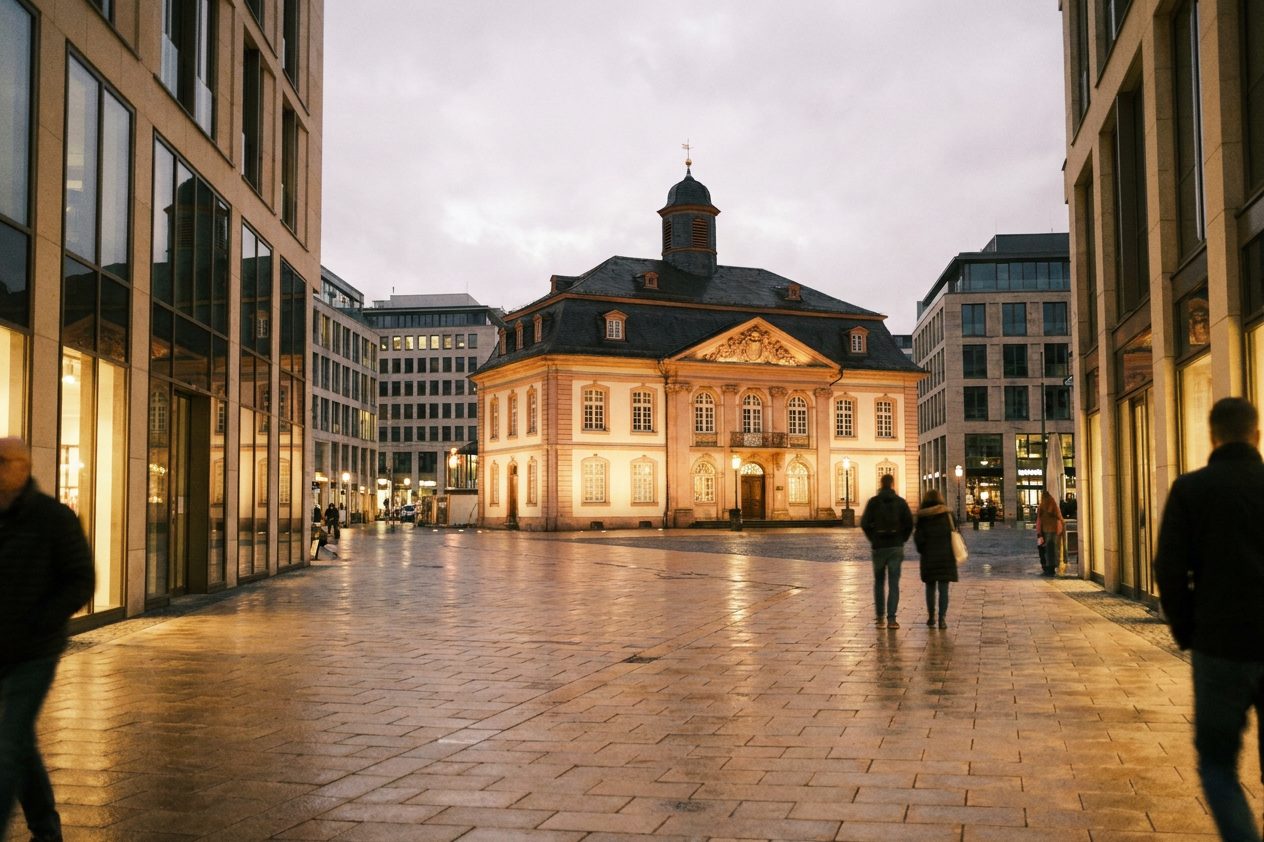 Die Hauptwache bei Nacht: der beleuchtete Barockbau auf leerem Platz unter tiefblauem Himmel.