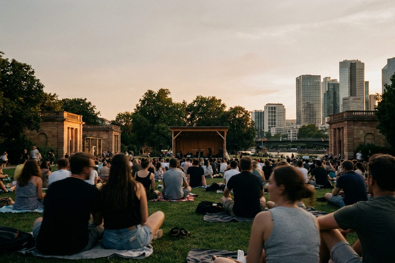 Publikum auf Picknickdecken von hinten vor einer kleinen Parkbühne im goldenen Abendlicht des Günthersburgparks.