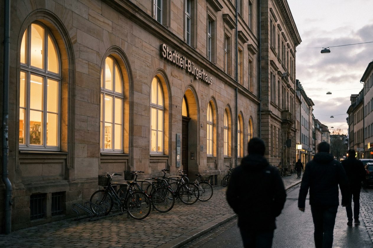 Abendliche Straße vor einem warm erleuchteten Bürgerhaus, davor die letzten Fahrräder am Ständer.
