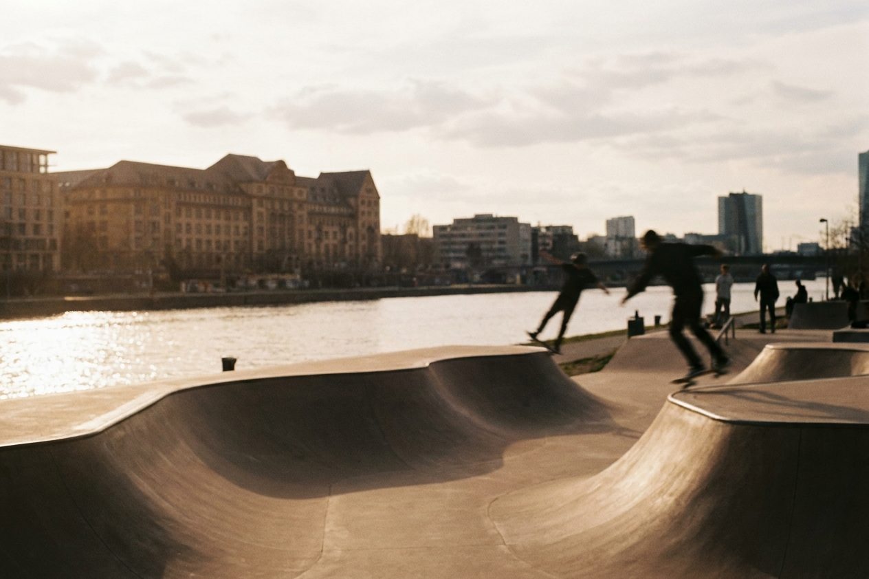 Skater als Silhouetten über den geschwungenen Betonwellen des Hafenparks im Nachmittagslicht.