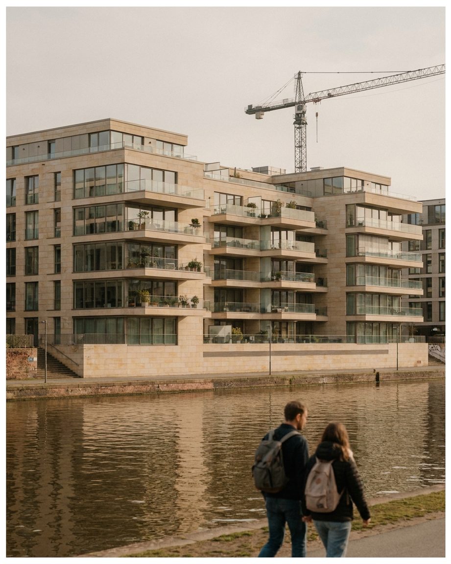 Neubaufassade mit gestaffelten Balkonen am Ostender Mainufer im Hochformat, dahinter ragt ein Baukran auf.