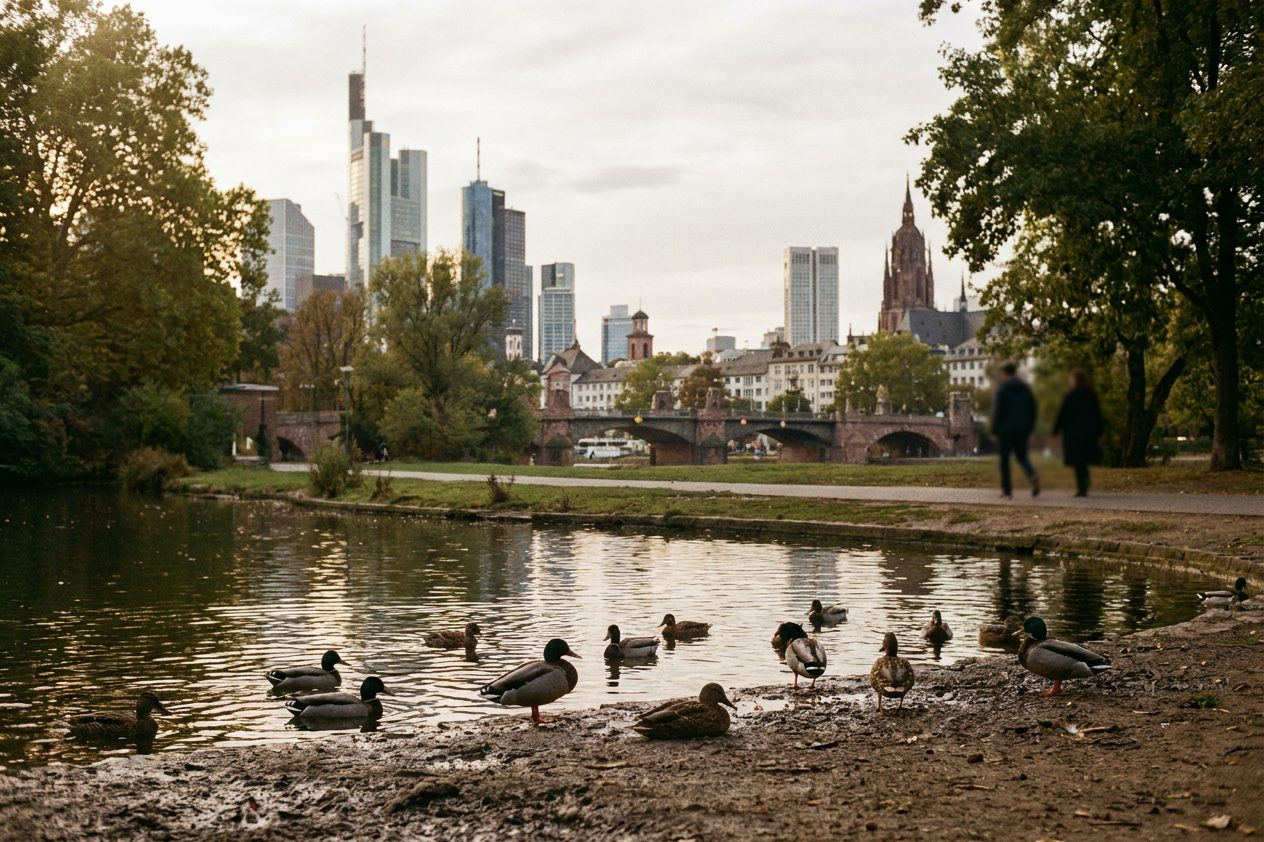 Der Weiher im Ostpark mit Enten im Vordergrund, am Horizont die Hochhaustürme der Innenstadt.