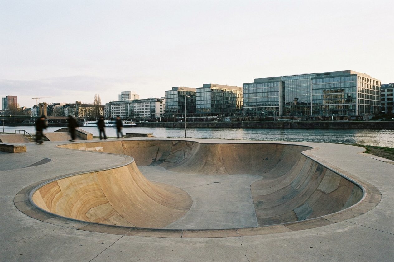 Betonierter Skatepark mit geschwungenen Rampen an einem Flussufer im Abendlicht