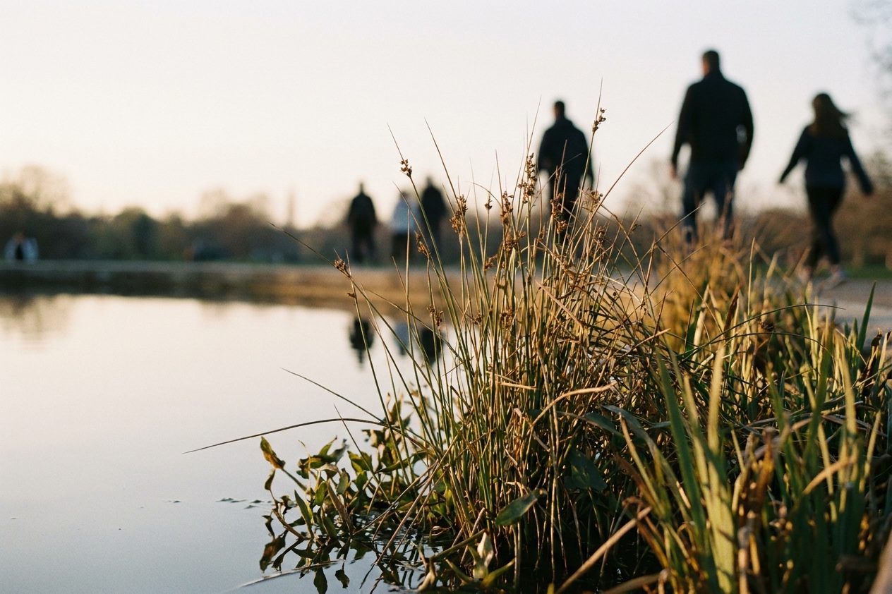 Nahaufnahme von Schilf und Wasserpflanzen am Uferrand eines Parkweihers im warmen Abendlicht
