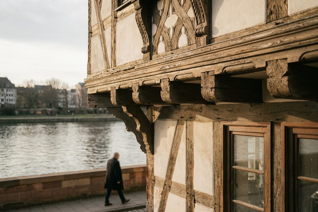 Nahaufnahme von geschnitztem Zierwerk und Balkenköpfen an einer Fachwerkfassade der Ostzeile im Streiflicht.