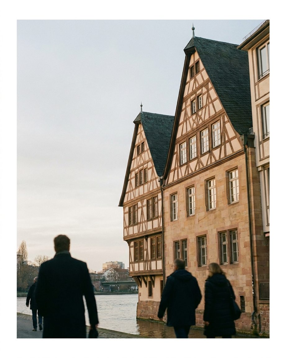 Die steilen Giebel der Ostzeile von unten gegen den blauen Himmel fotografiert, Fachwerkbalken staffeln sich nach oben.