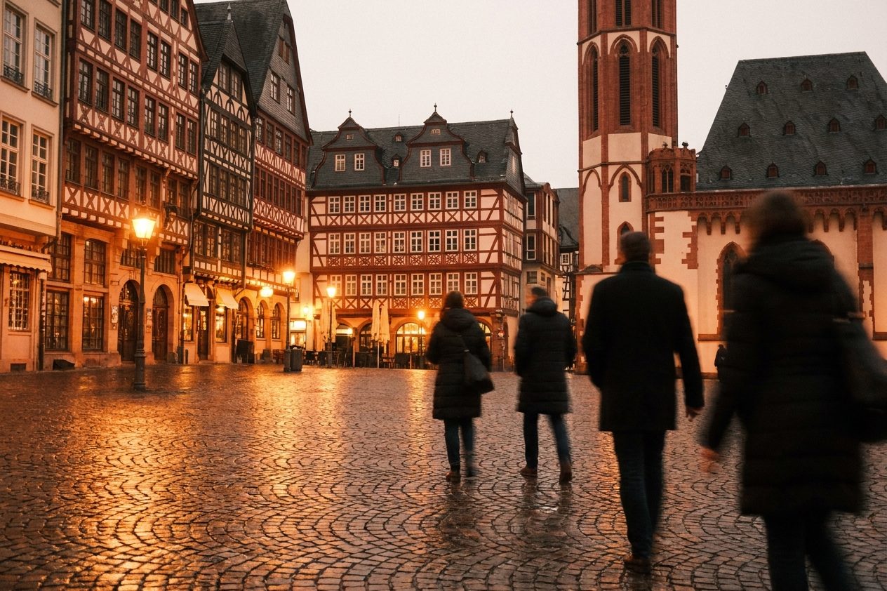 Der abendlich beleuchtete Römerberg mit warm angestrahltem Fachwerk und spiegelndem Pflaster nach einem Regenschauer.
