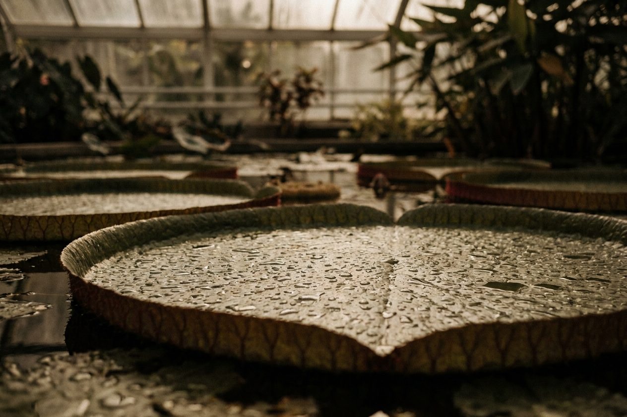 Wassertropfen auf den großen Schwimmblättern einer Riesenseerose in einem Tropenhaus