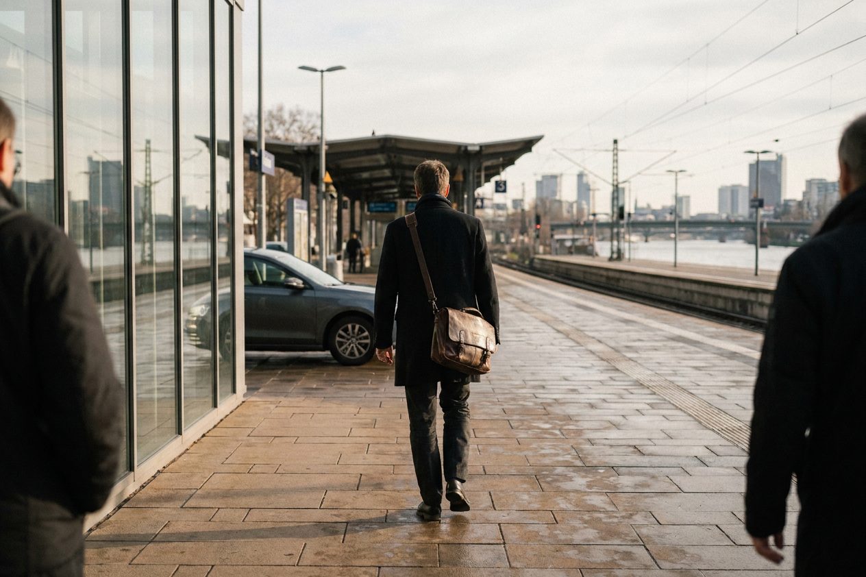 Ein Pendler mit Umhängetasche geht von hinten gesehen vom geparkten Auto zum Bahnsteig, lange Morgenschatten auf dem Asphalt.