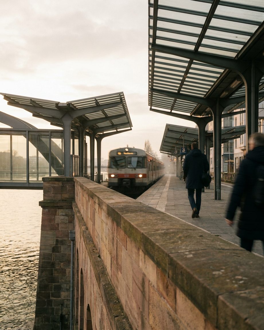 Blick einen oberirdischen Bahnsteig entlang, ein Zug nähert sich in der Ferne.