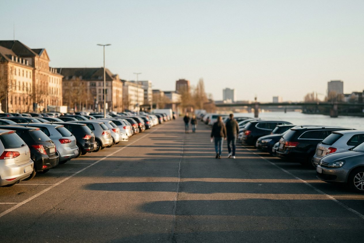 Autoreihen auf dem P+R-Platz im tiefstehenden Abendlicht, lange Schatten liegen über dem Asphalt.