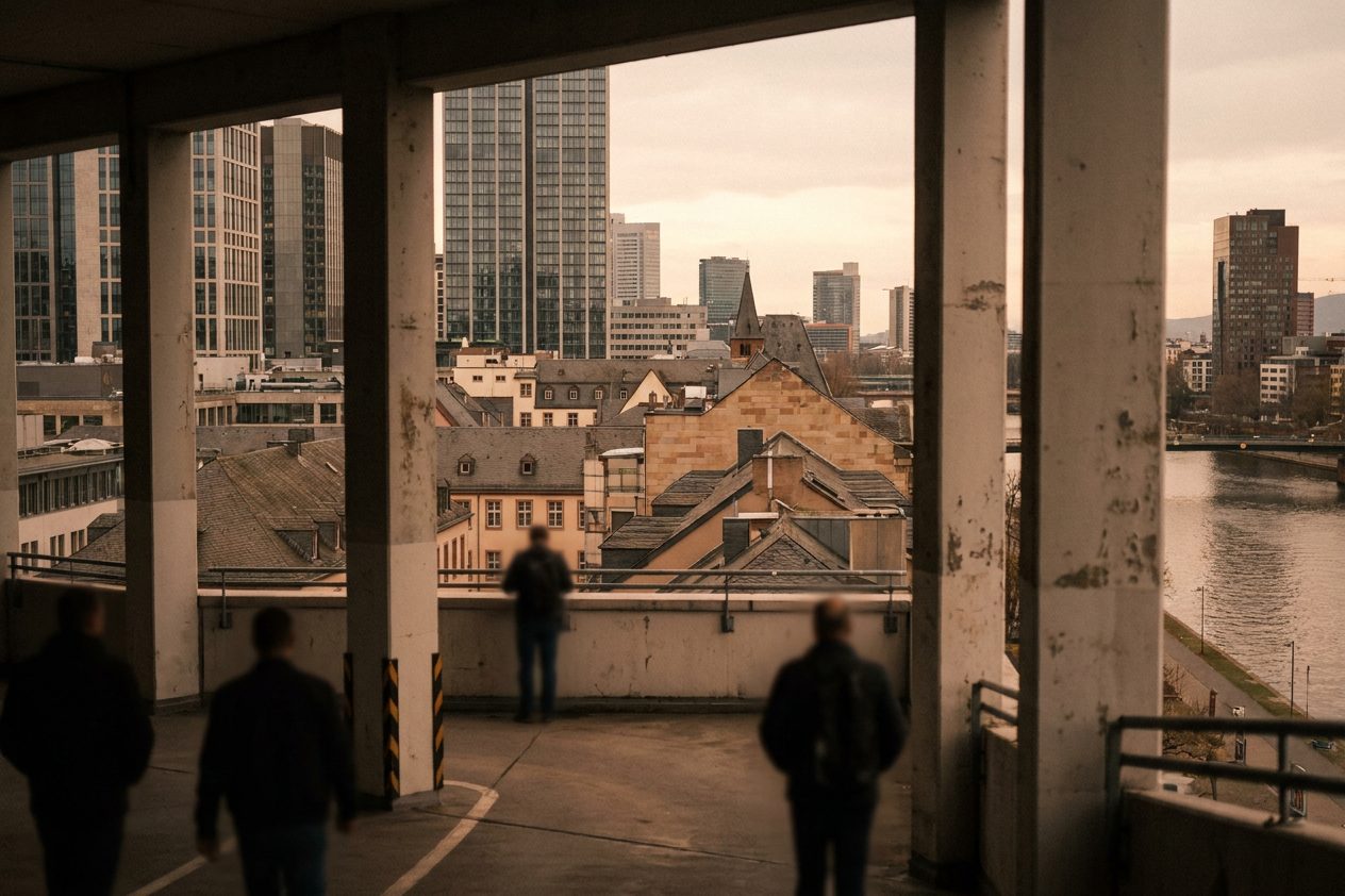 Blick von einem oberen Parkdeck zwischen Betonpfeilern auf umliegende Dächer und Hochhaustürme im Abendlicht.