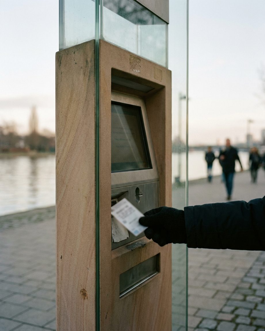 Kassenautomat im Anschnitt, eine Hand hält einen Parkschein, das Display bleibt unleserlich.