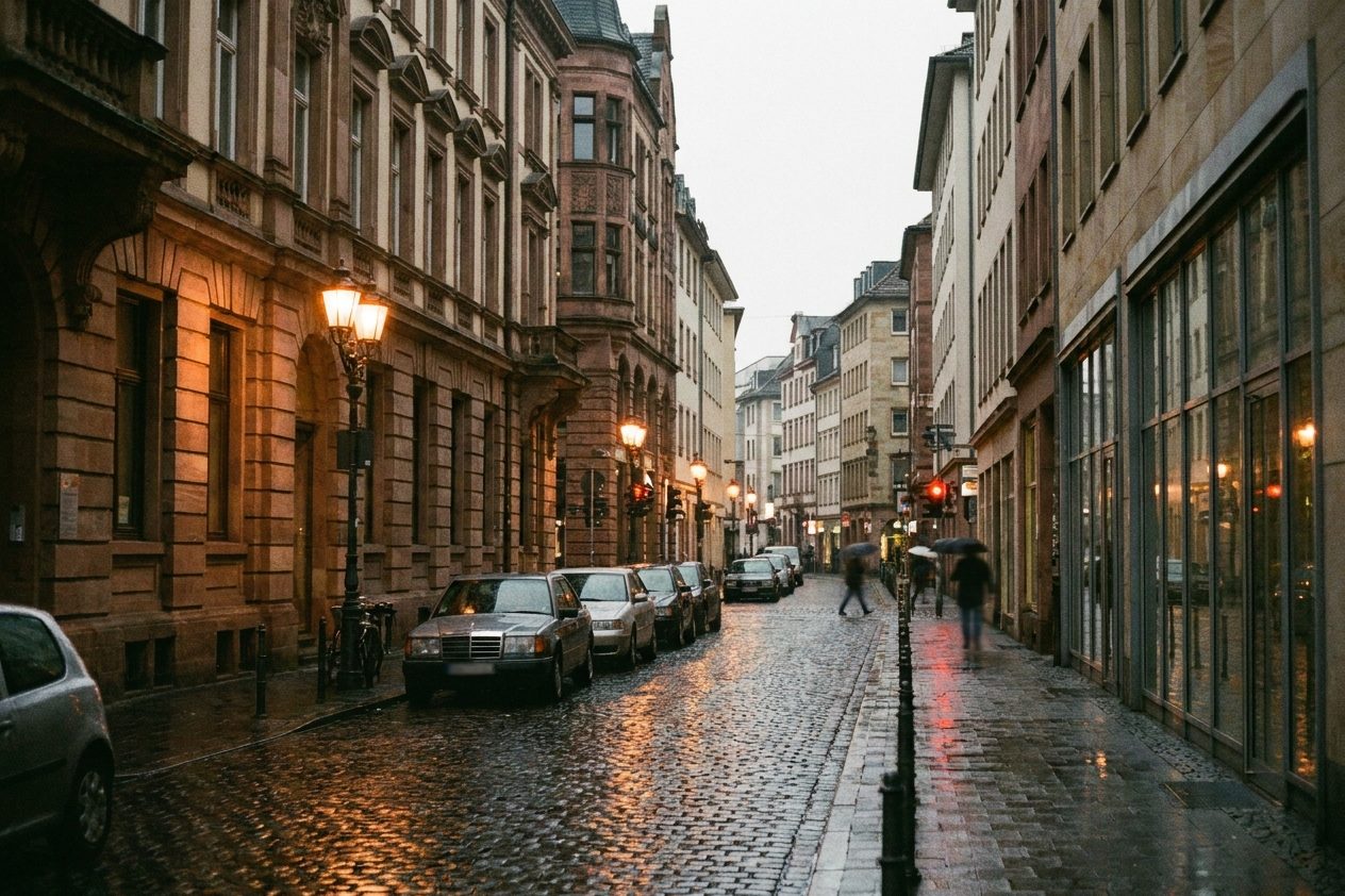 Nächtliche Straßenflucht in der Innenstadt mit parkenden Autos, Ampellicht spiegelt sich im Regen.