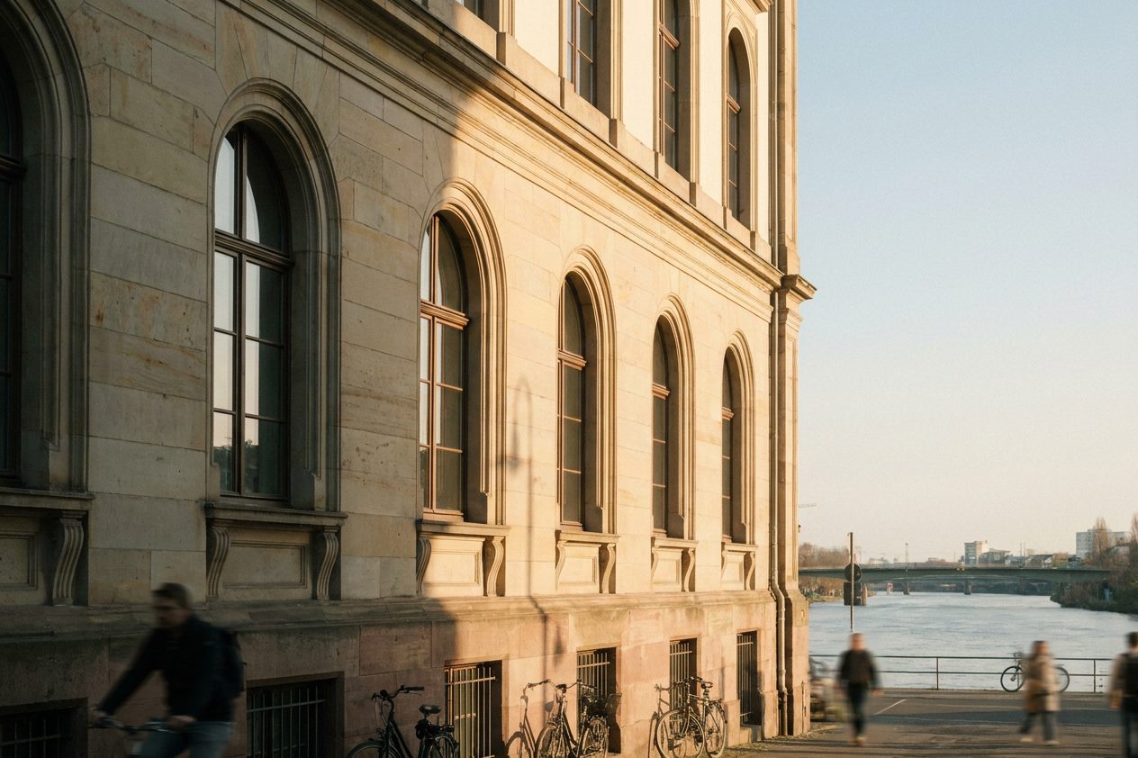Verwitterte Fassade eines historischen Institutsgebäudes mit hohen Bogenfenstern in warmem Nachmittagslicht