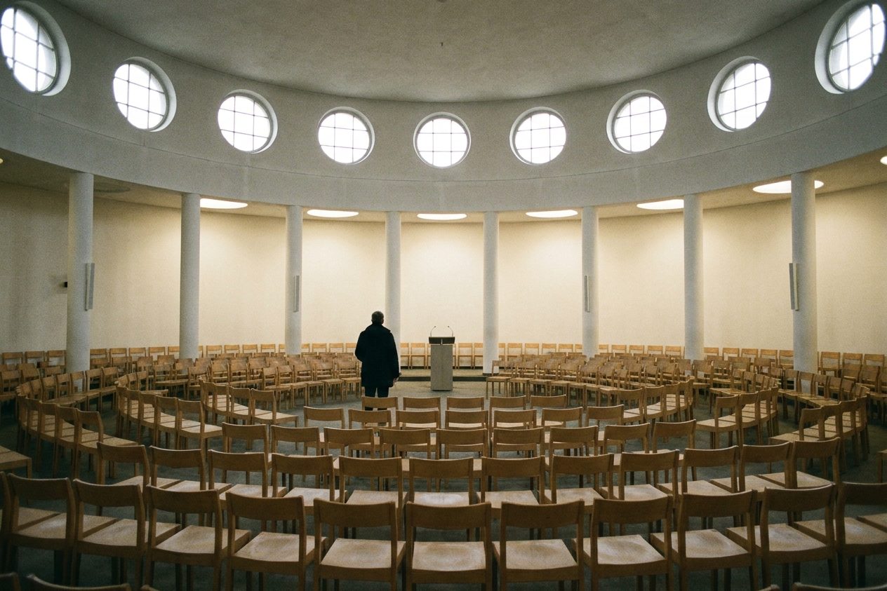 Der helle, schlichte Rundsaal der Paulskirche mit einem Ring weißer Säulen, Stuhlreihen und weichem Tageslicht von oben.