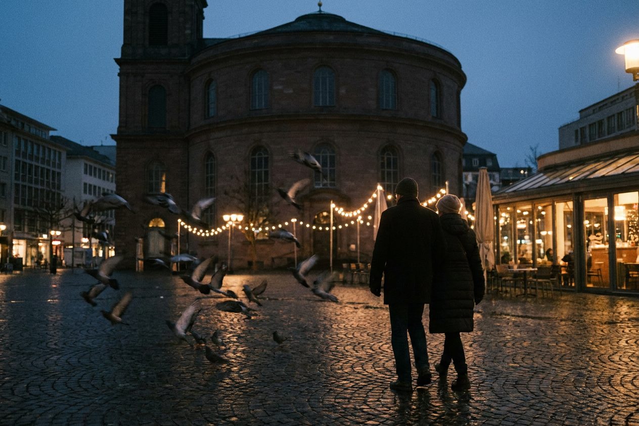 Der Paulsplatz in Frankfurt am Abend: warme Cafébeleuchtung, die dunkle Silhouette der Paulskirche vor tiefblauem Himmel.