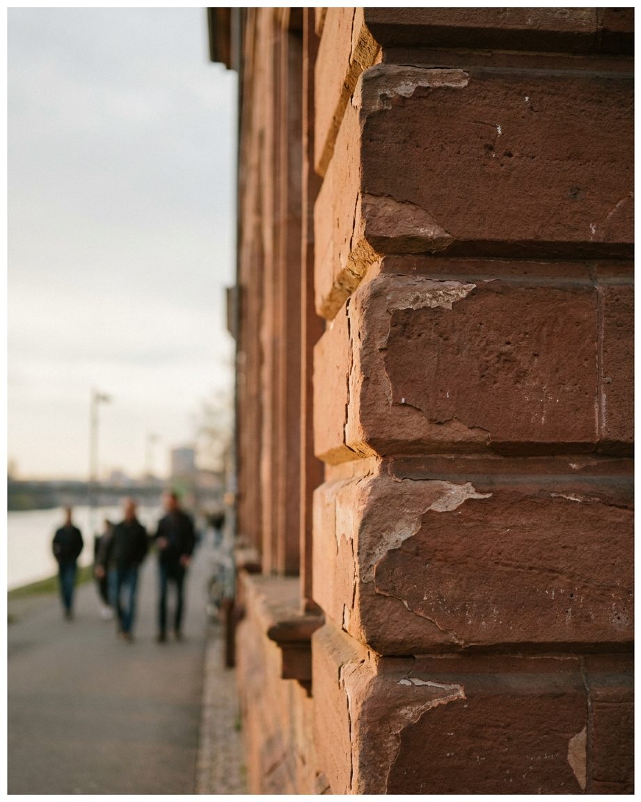 Nahaufnahme verwitterter roter Sandsteinquader der Paulskirchen-Fassade mit abplatzenden Kanten im Streiflicht.