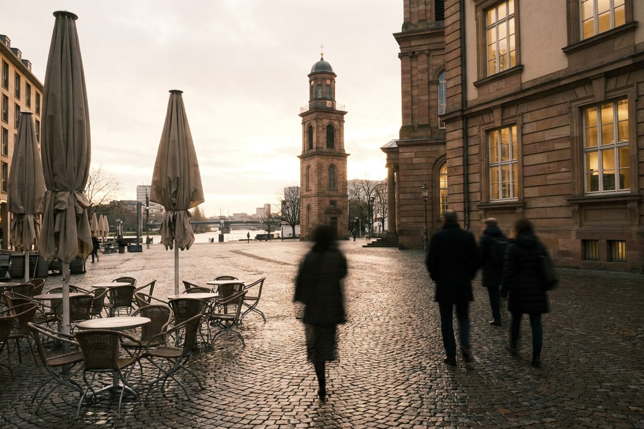 Der Paulsplatz in der Abenddämmerung mit leeren Caféstühlen und dem langen Schatten des Kirchturms auf dem Pflaster.