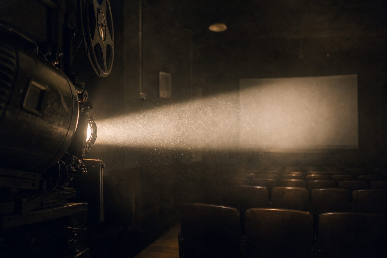 Der Lichtkegel eines Filmprojektors durchschneidet den dunklen Vorführraum, Staubpartikel tanzen im Strahl.