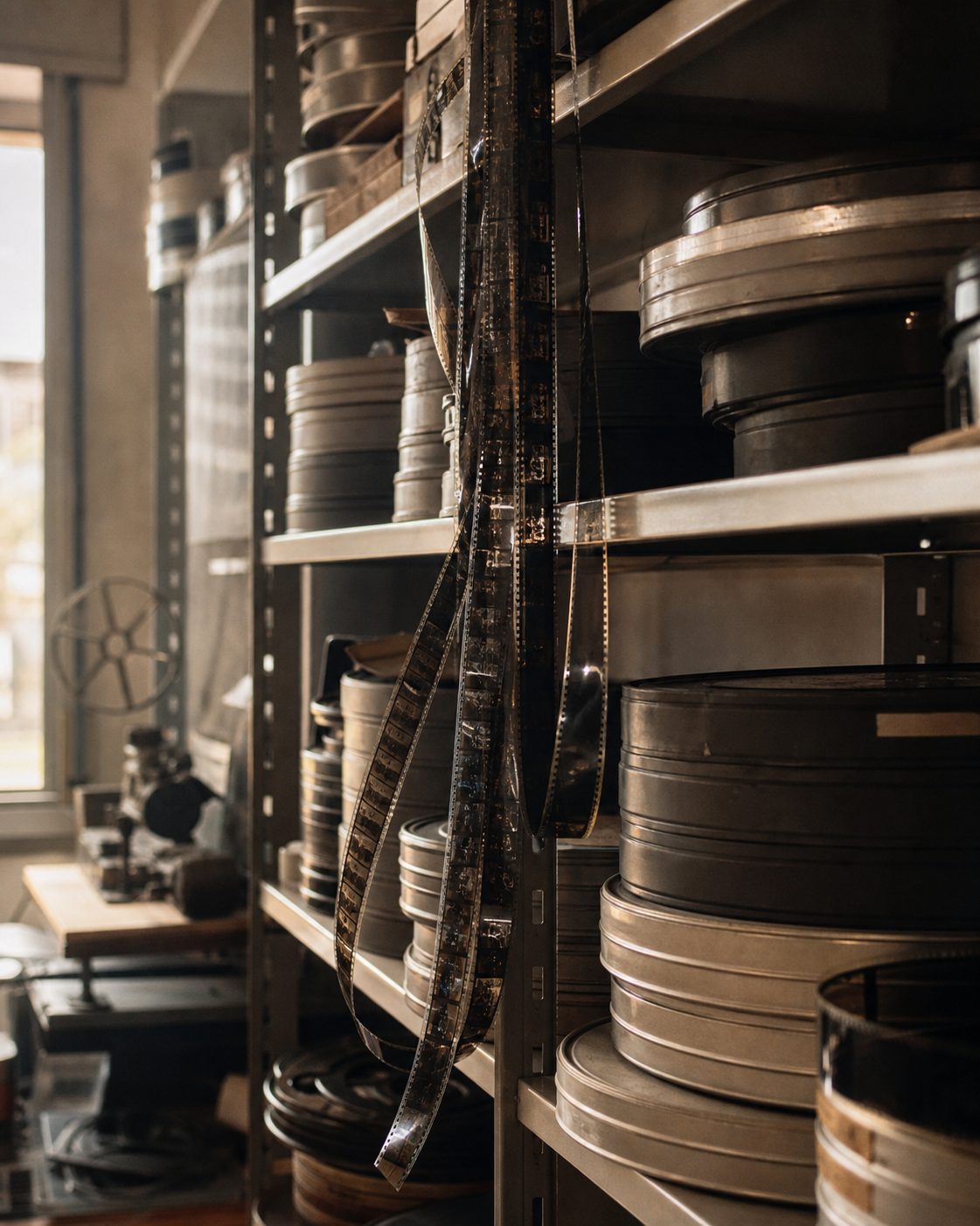 Ein Regal mit silbernen Filmdosen und aufgerollten Filmstreifen im Vorführraum, hochformatig fotografiert.