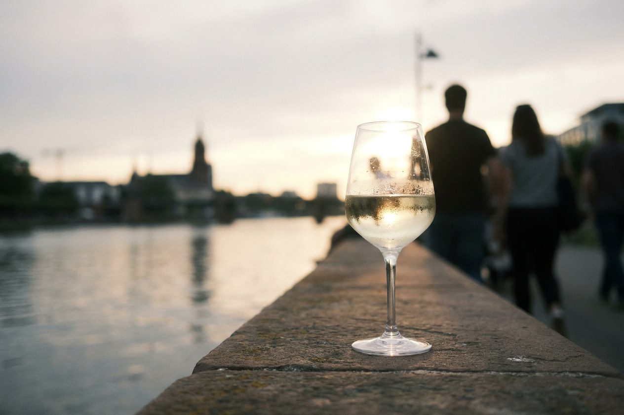 Ein Rieslingglas im Gegenlicht einer Standbeleuchtung, feines Kondenswasser läuft an der Glaswand herab.