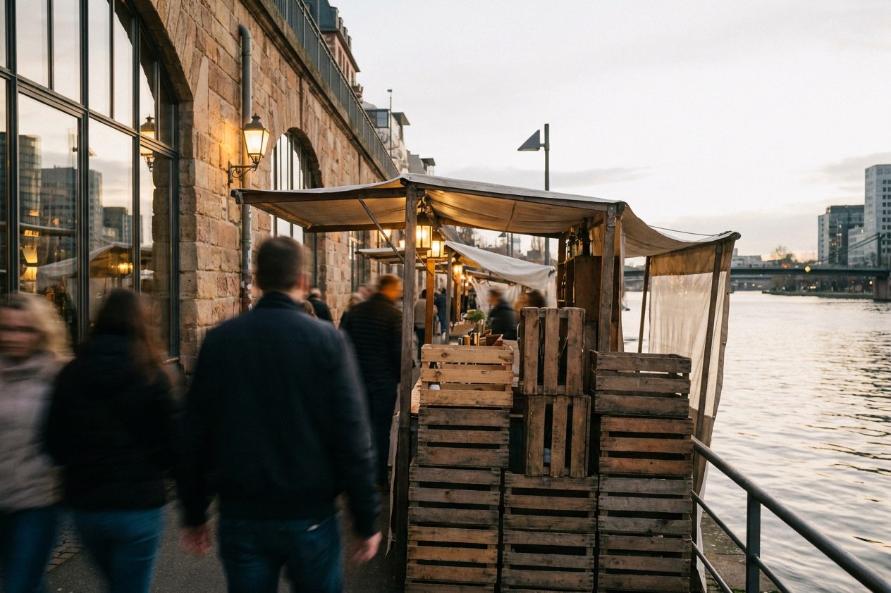 Gestapelte Holz-Weinkisten neben einem Ausschankstand, warm angeleuchtet von einer Laterne in der Abenddämmerung.