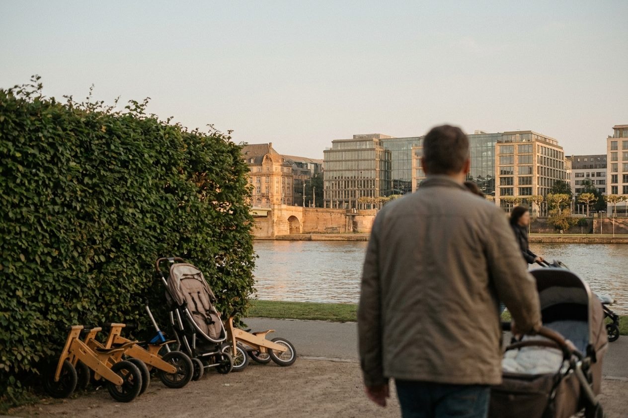 Laufräder und ein Kinderwagen vor einer Spielplatzhecke im Bonifatiuspark, Menschen nur angeschnitten im Hintergrund.