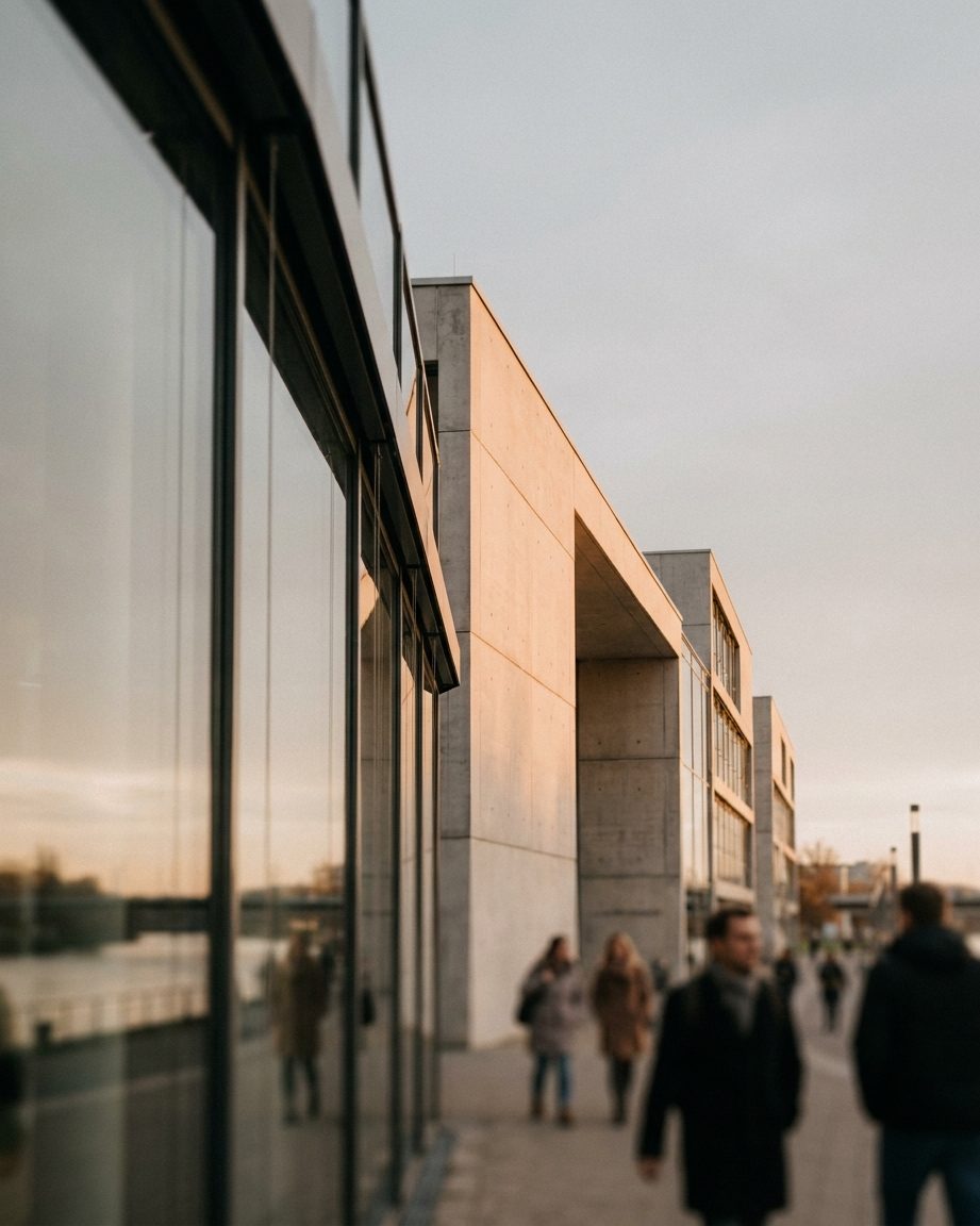 Moderne Institutsfassade aus Glas und Beton auf dem Campus Riedberg, im Hochformat fotografiert.