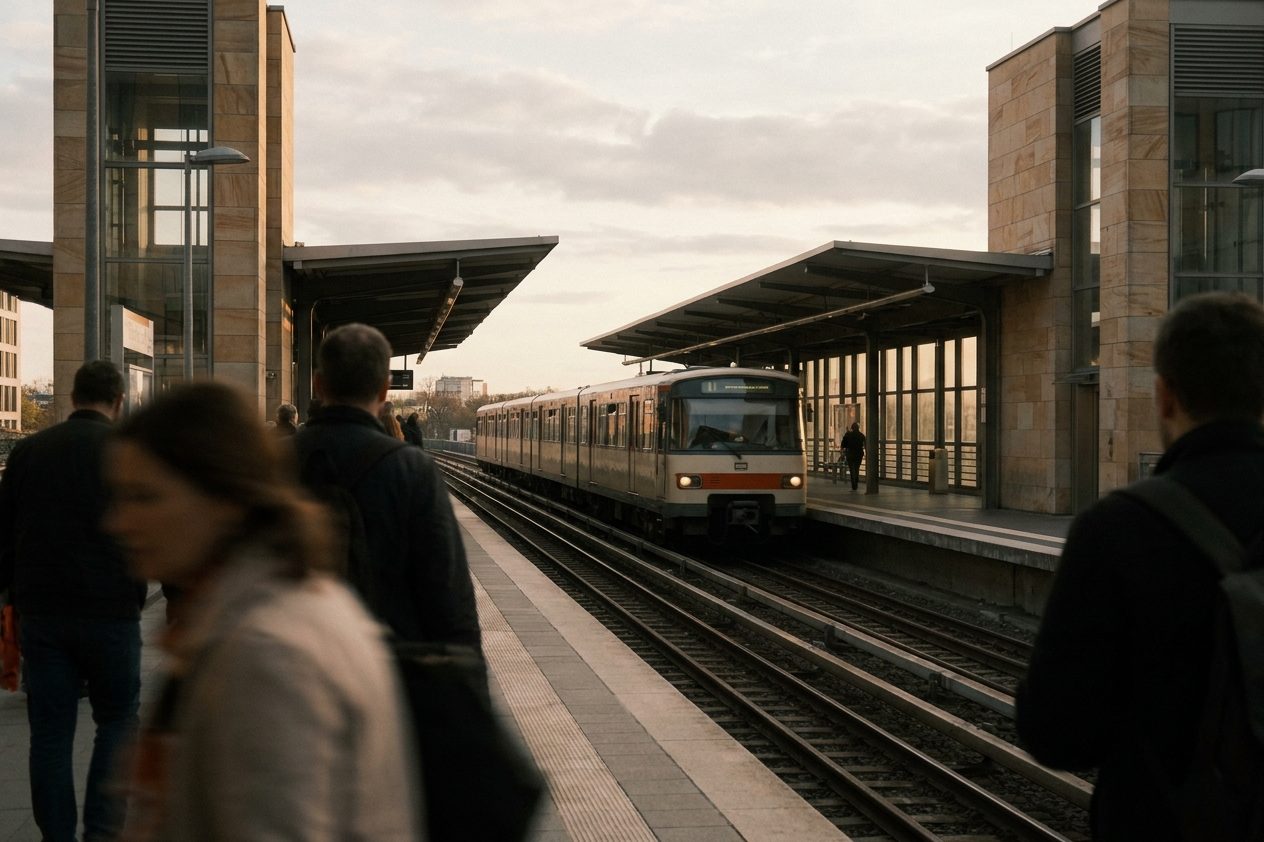 Eine U-Bahn fährt oberirdisch in die Station ein, Abendhimmel über den Neubaudächern.