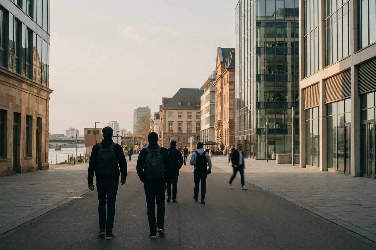 Junge Menschen mit Rucksäcken auf breiten Wegen zwischen neuen Institutsbauten aus Glas