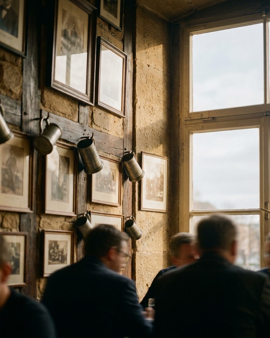 Wirtshauswand mit gerahmten historischen Fotografien und einer Reihe Zinnkrüge, die Details im warmen Licht unscharf.