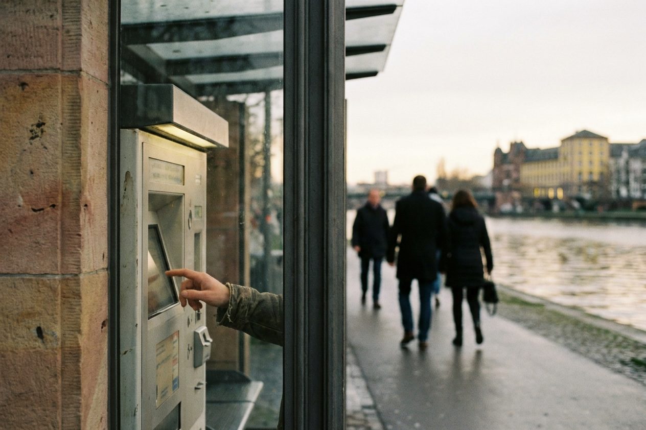Fahrkartenautomat im Anschnitt, eine Hand tippt auf das Display, die Anzeige ist unleserlich verschwommen.