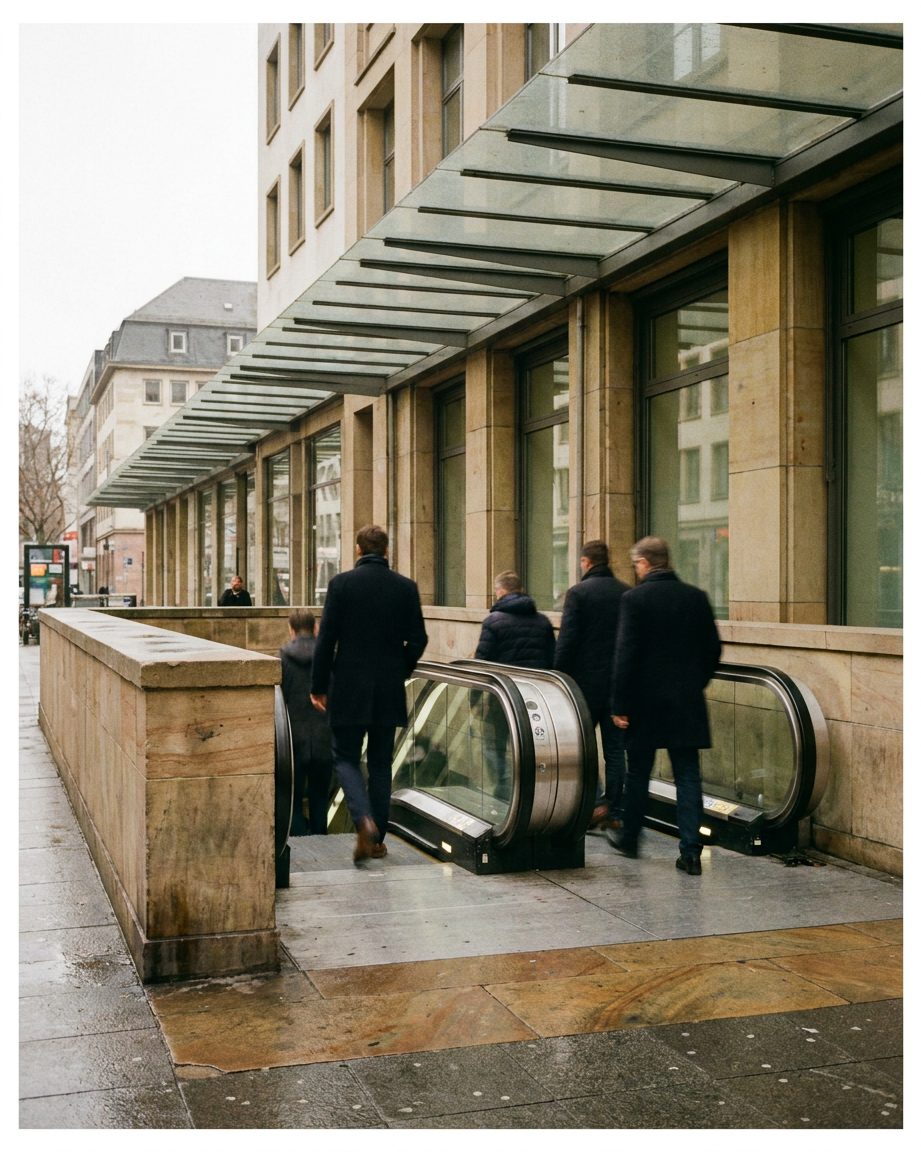 Rolltreppe hinab in die B-Ebene der Hauptwache, Pendler von hinten, Hochformat.